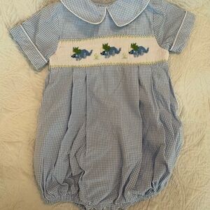 Blue Gingham Baby Romper with Smocked Dinosaurs